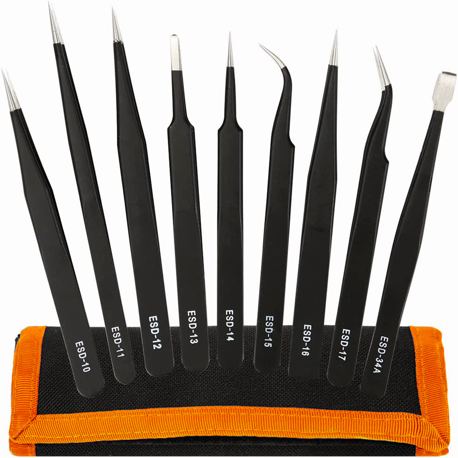 10 x ESD Precision Anti static Tweezers Set Stainless Steel Tool for Electronics