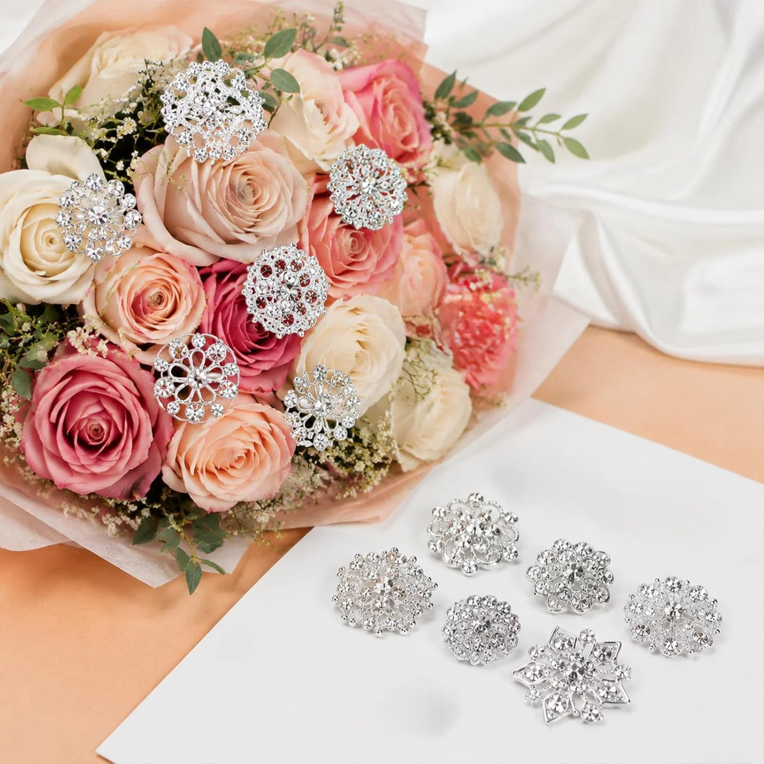 12 Pieces Sliver Crystal Wedding Bouquet Brooches for Women, Rhinestone Flower B