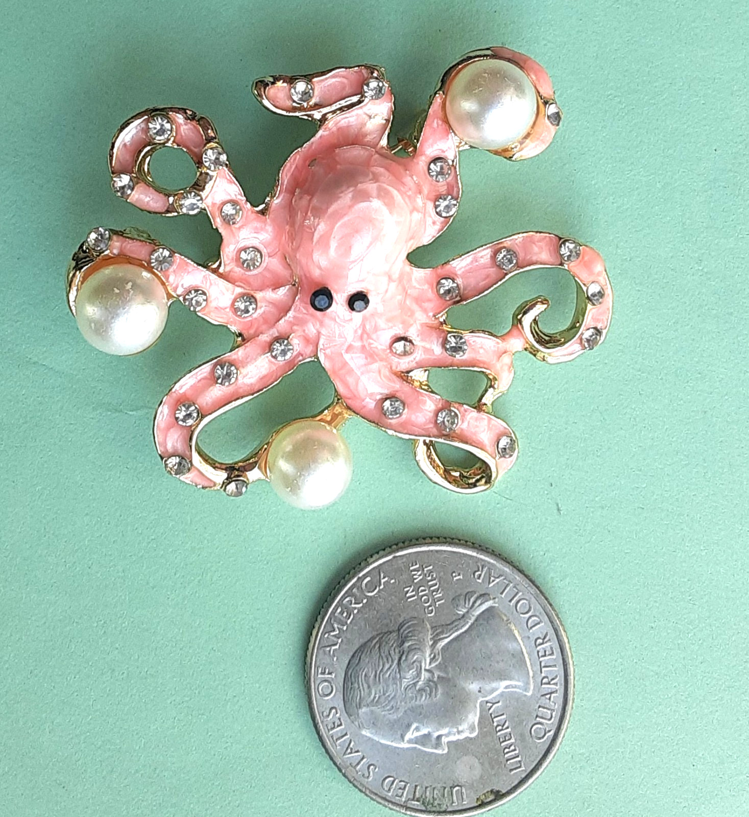 PINK OCTOPUS BROOCH with Glass Pearl GIFT BOX GOLD TONE #BR40