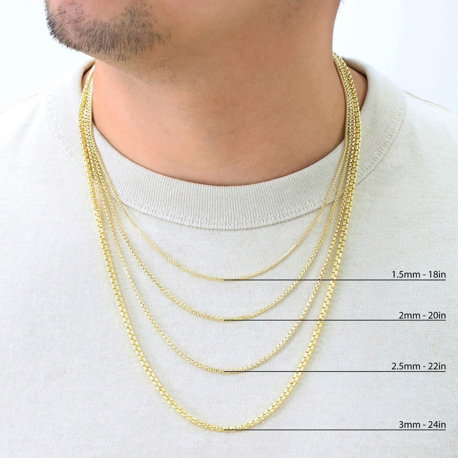 10K Yellow Gold 1.5mm-3.5mm Venetian Round Box Chain Necklace Men Women 16″- 30″