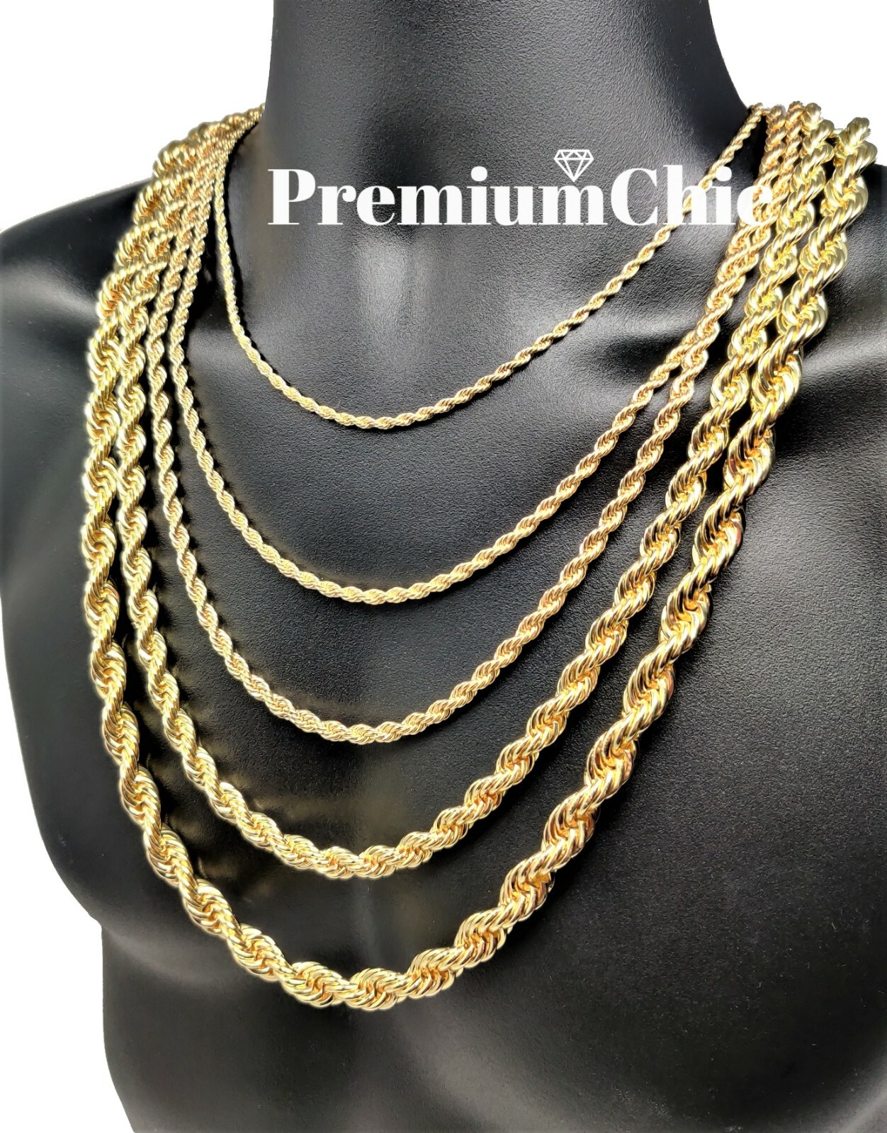Rope Chain Necklace 3mm to 10mm 16″ to 30″ 14K Gold Plated Mens Hip Hop Jewelry