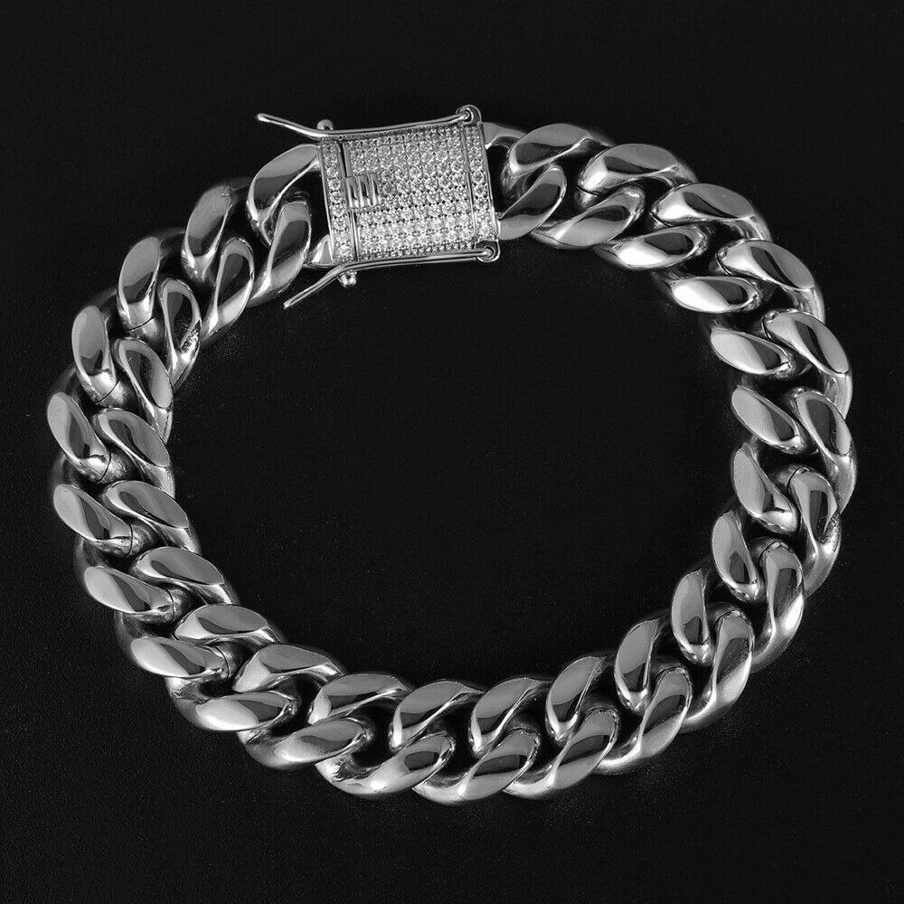 Solid Stainless Steel Necklace Cuban Link Chain For Men Iced out CZ Clasp 8-14MM