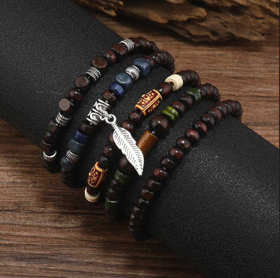 10pcs Vintage Boho Men’s Wooden Bracelets Leaf Style Wristwear Set – NEW