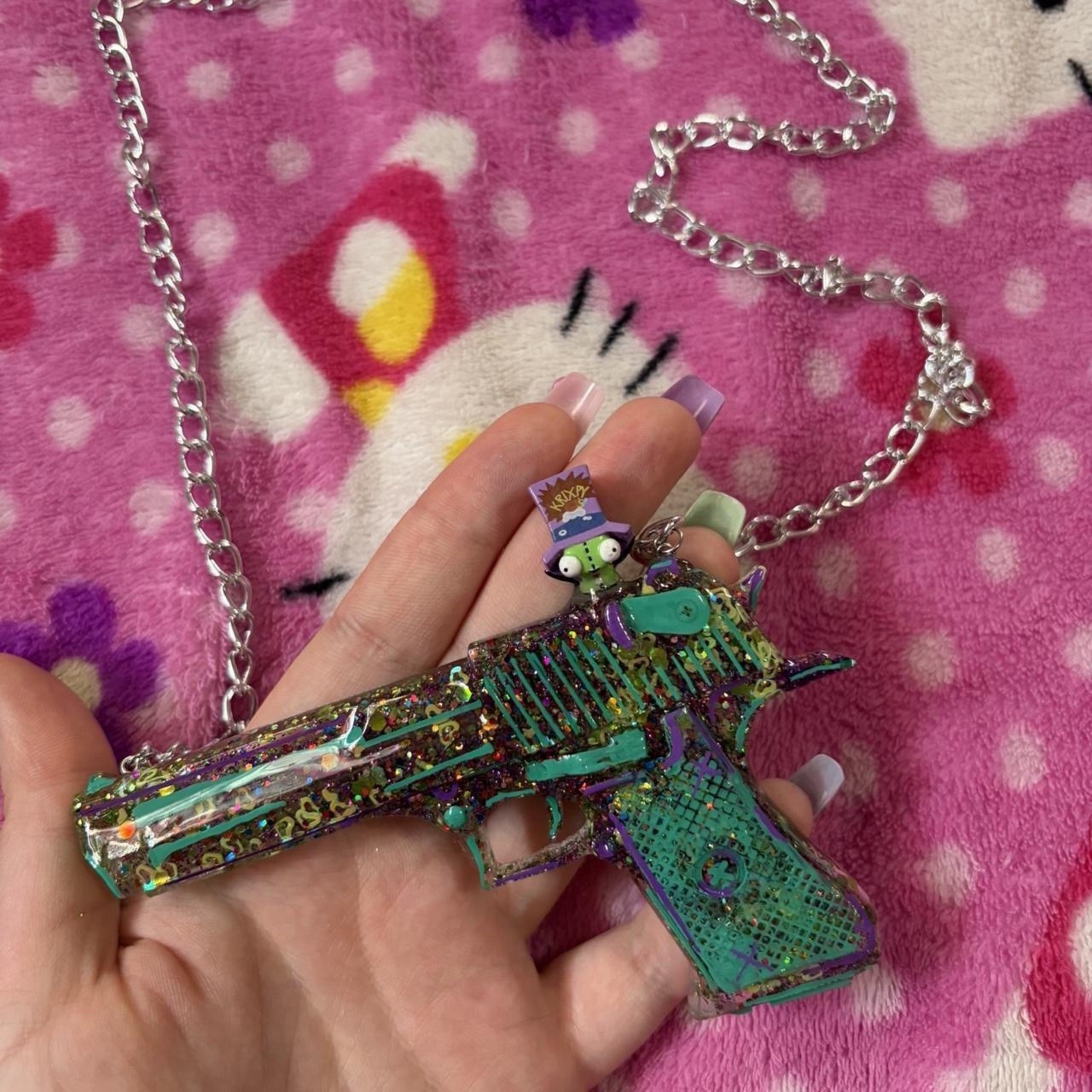 Handmade glitter gun charm pendant necklace green purple with little gir charm