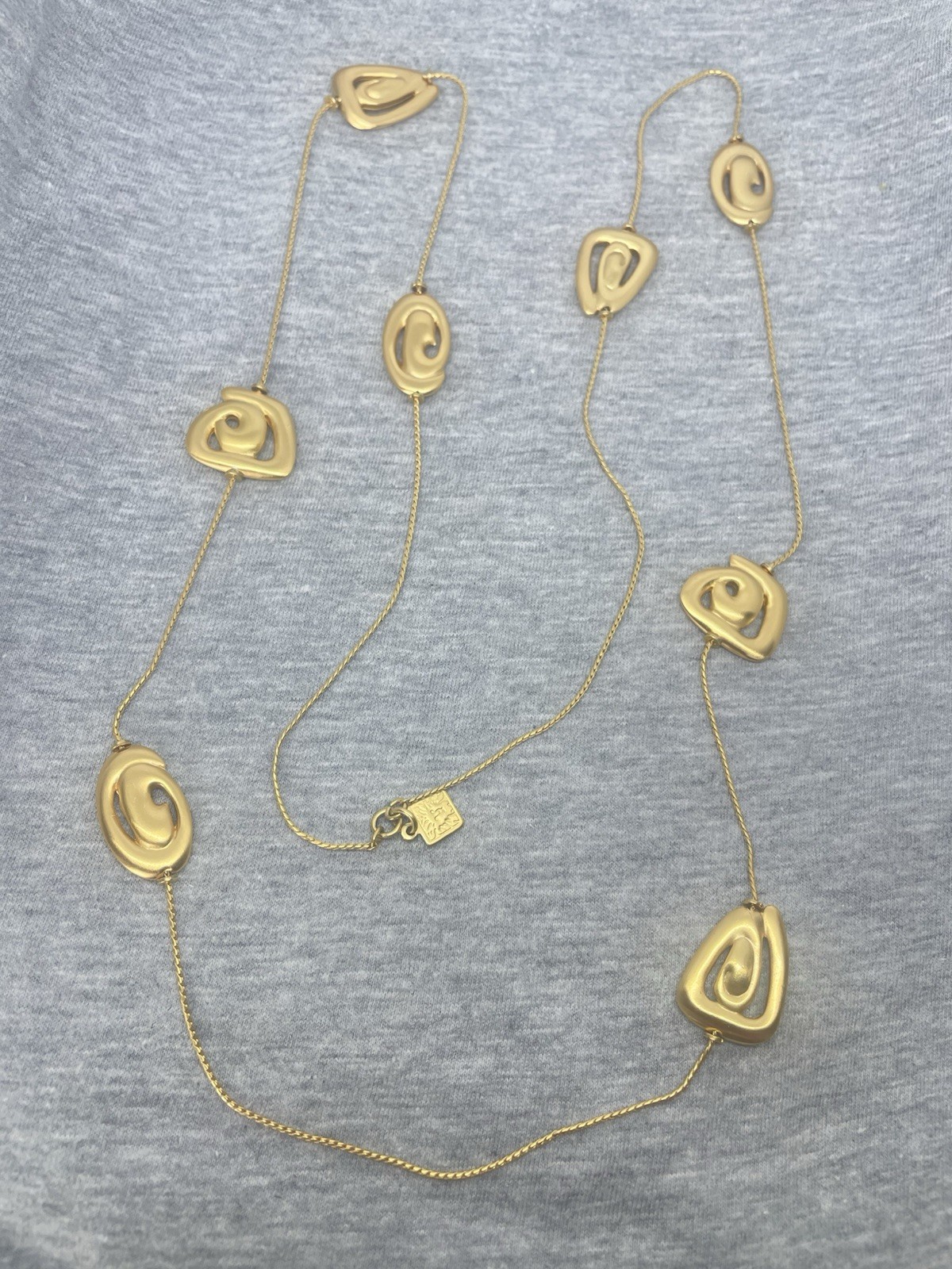Vintage Signed Anne Klein Satin Brushed GoldTone Swirls Station 36.5” Necklace