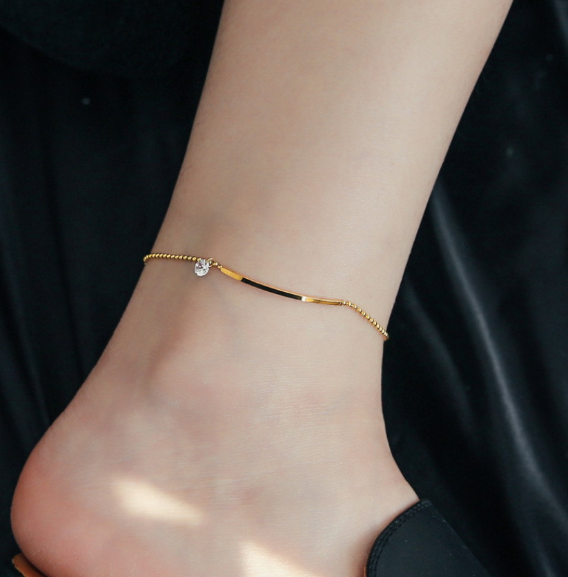 Stainless Steel Smile Curve CZ Chain 18K Gold Tone Anklet Anti Tarnish PE10