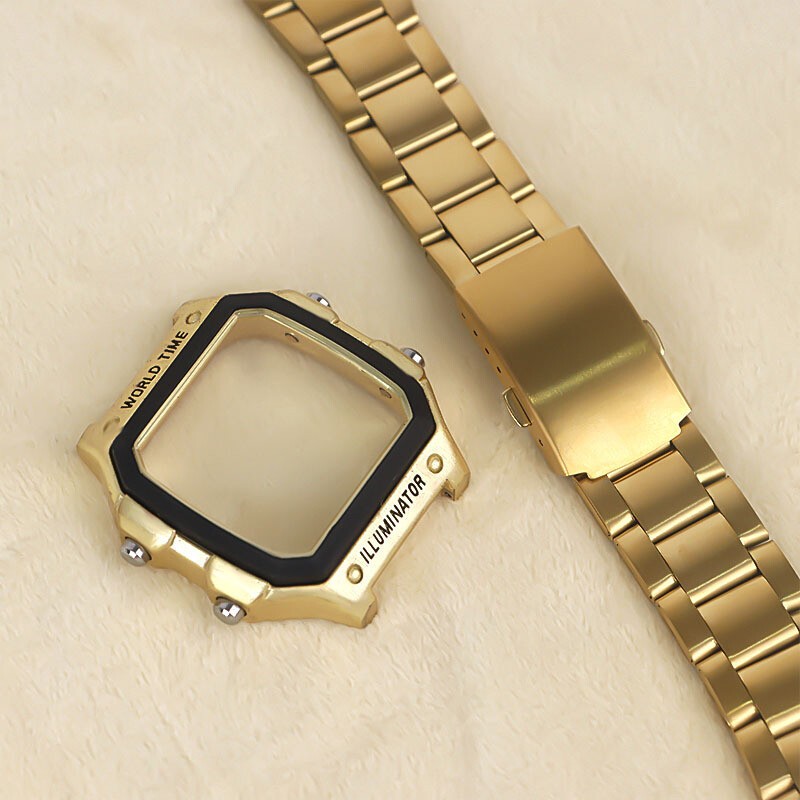 Metal Watch Strap + Modified Stainless Steel Case Cover For Casio AE1200