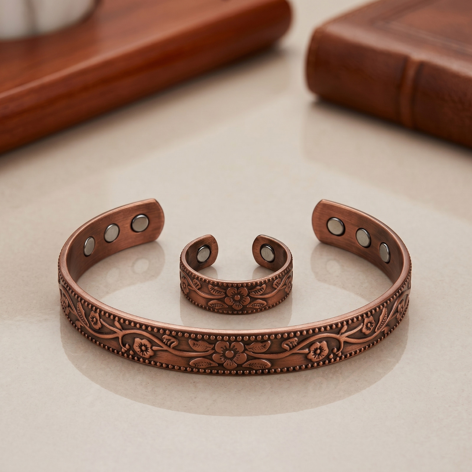 Antique Flower Copper Bracelet Ring Set Vintage Magnetic Cuff Bangle Gift