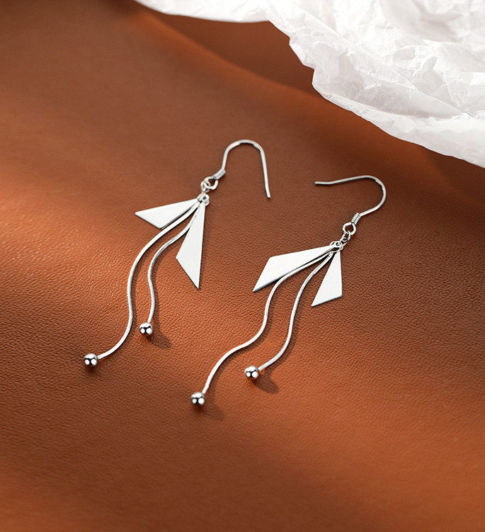 Women 925 Silver Tassel Ball Triangle Geometric Dangle Drop Hook Earrings J1