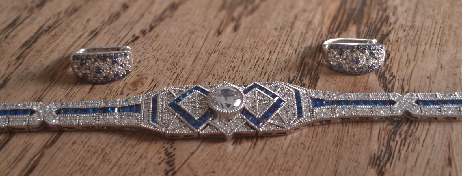 Sterling silver white and blue cubic Zirconia link Bracelet and earings