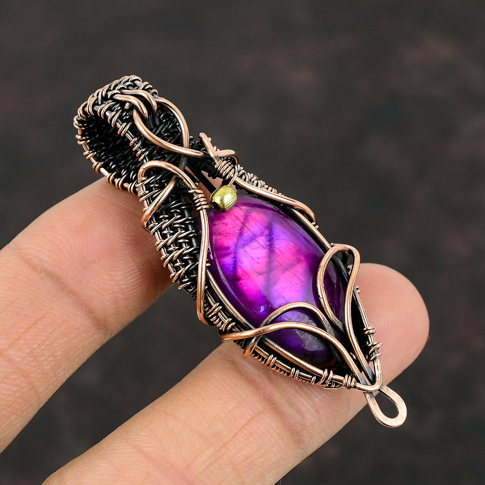 Pink Fire Labradorite Jewelry Copper Gift For Bestie Wire Wrapped Pendant 3.07″