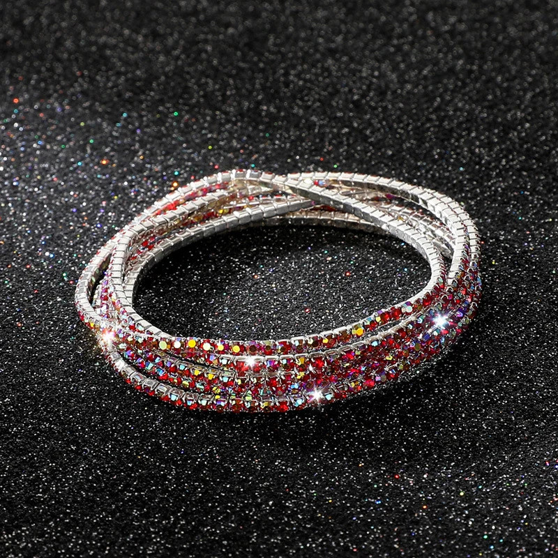 5 Pc Elastic Crystal Rhinestone Bracelet Women Gold Tone Round Chain Jewelry