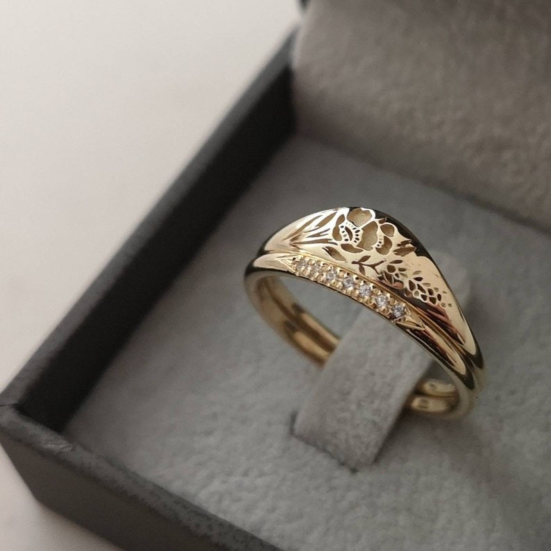 Carved Rose Flower Gold wedding ring set for Women Elegant Anniversary Sliver