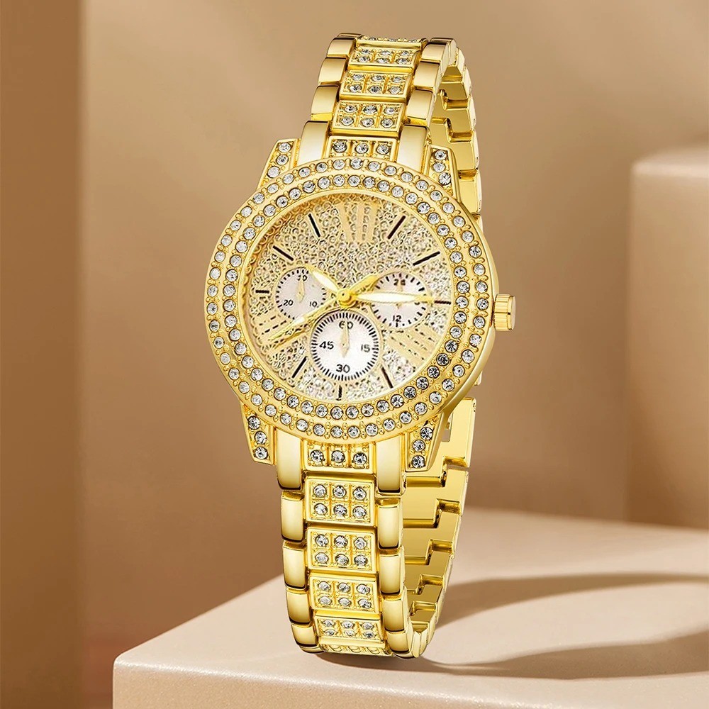 Women Quartz Watch Jewelry Set Gold Ring Necklace Earrings Rhinestone Gift USA