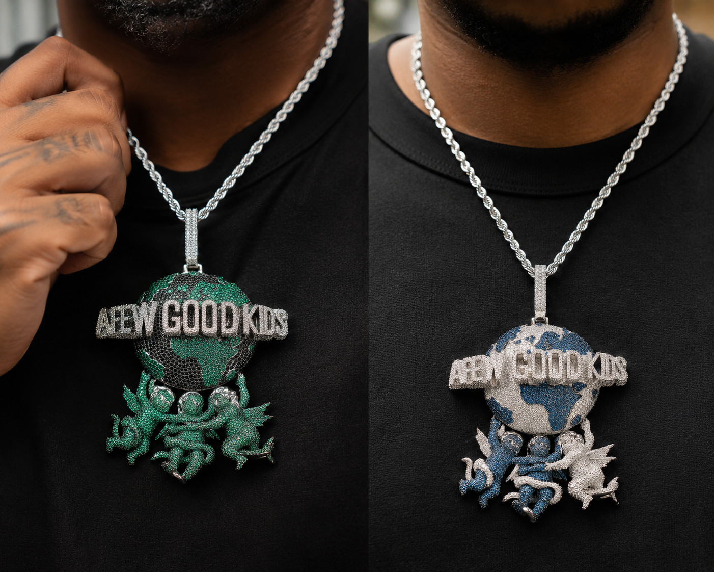 5AAA+ CZ Ice Out Hop Hip Bling A FEW GOOD KIDS 3 Angels Earth Pendant Chain