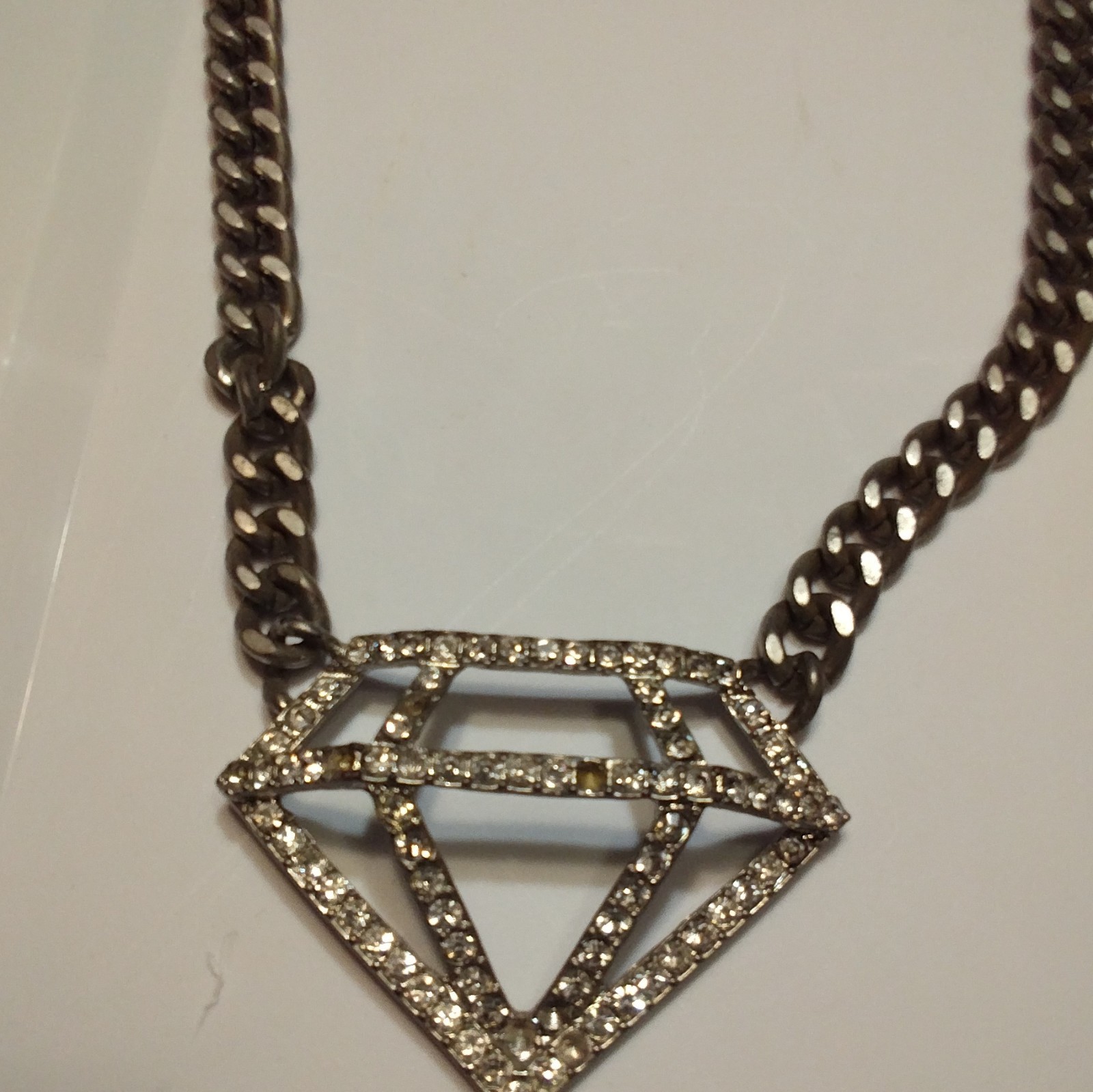 Gunmetal/Silver Tone Curb Link Chain Necklace Diamond Pavé Rhinestone Charm