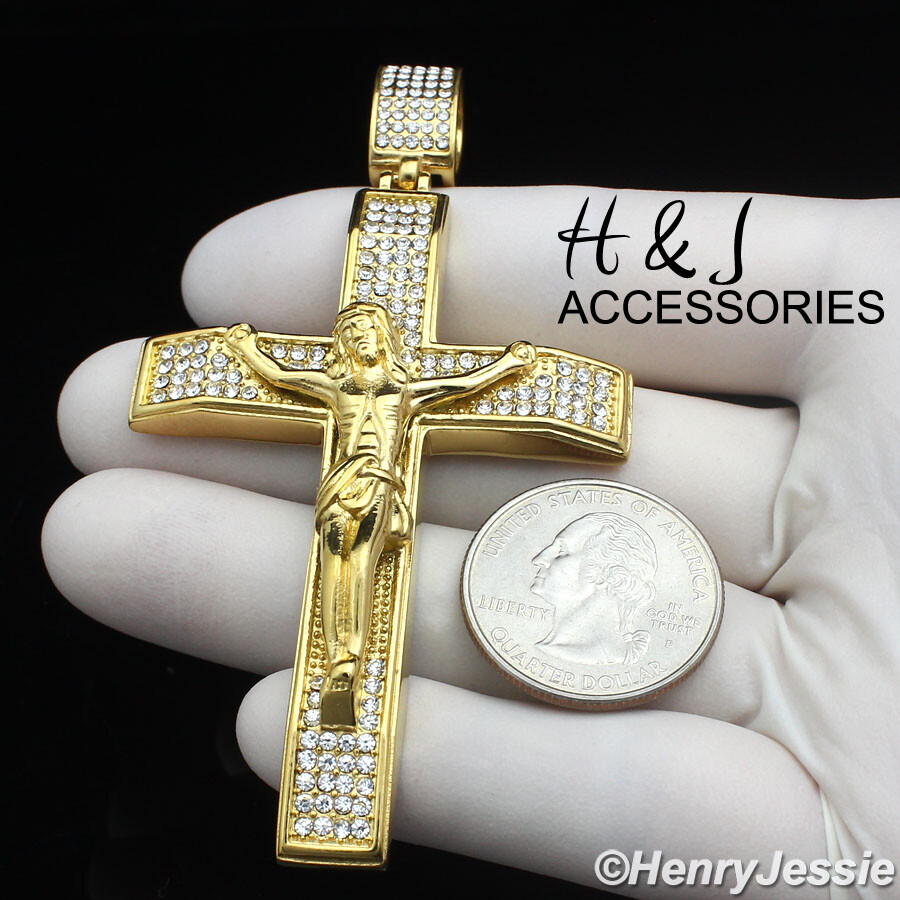 18-40″Stainless Steel 7mm Gold Plated Miami Cuban Chain BIG CZ Cross Pendant*142