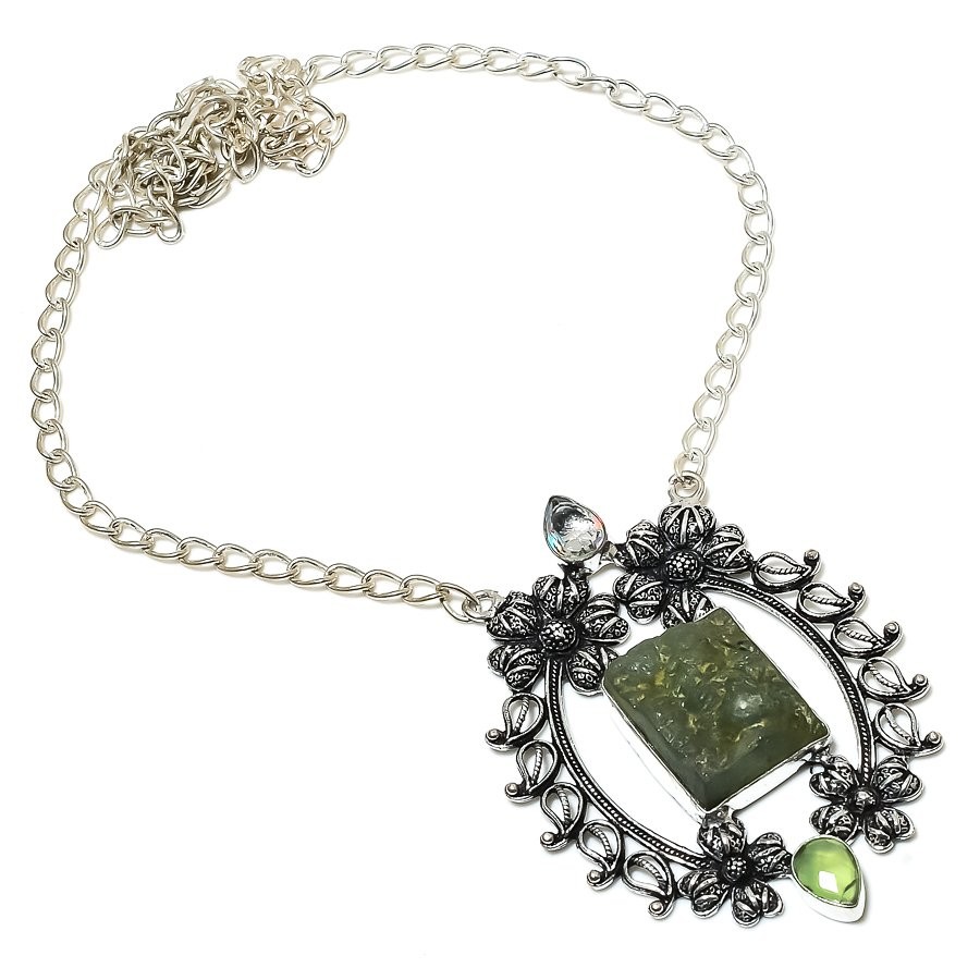 Prehnite, White Topaz Gemstone 925 Sterling Silver Jewelry Necklace 18″ B012