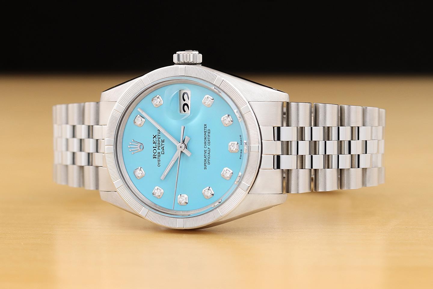 ROLEX OYSTER PERPETUAL DATE 1501 34MM STEEL AQUA BLUE DIAMOND JUBILEE WATCH
