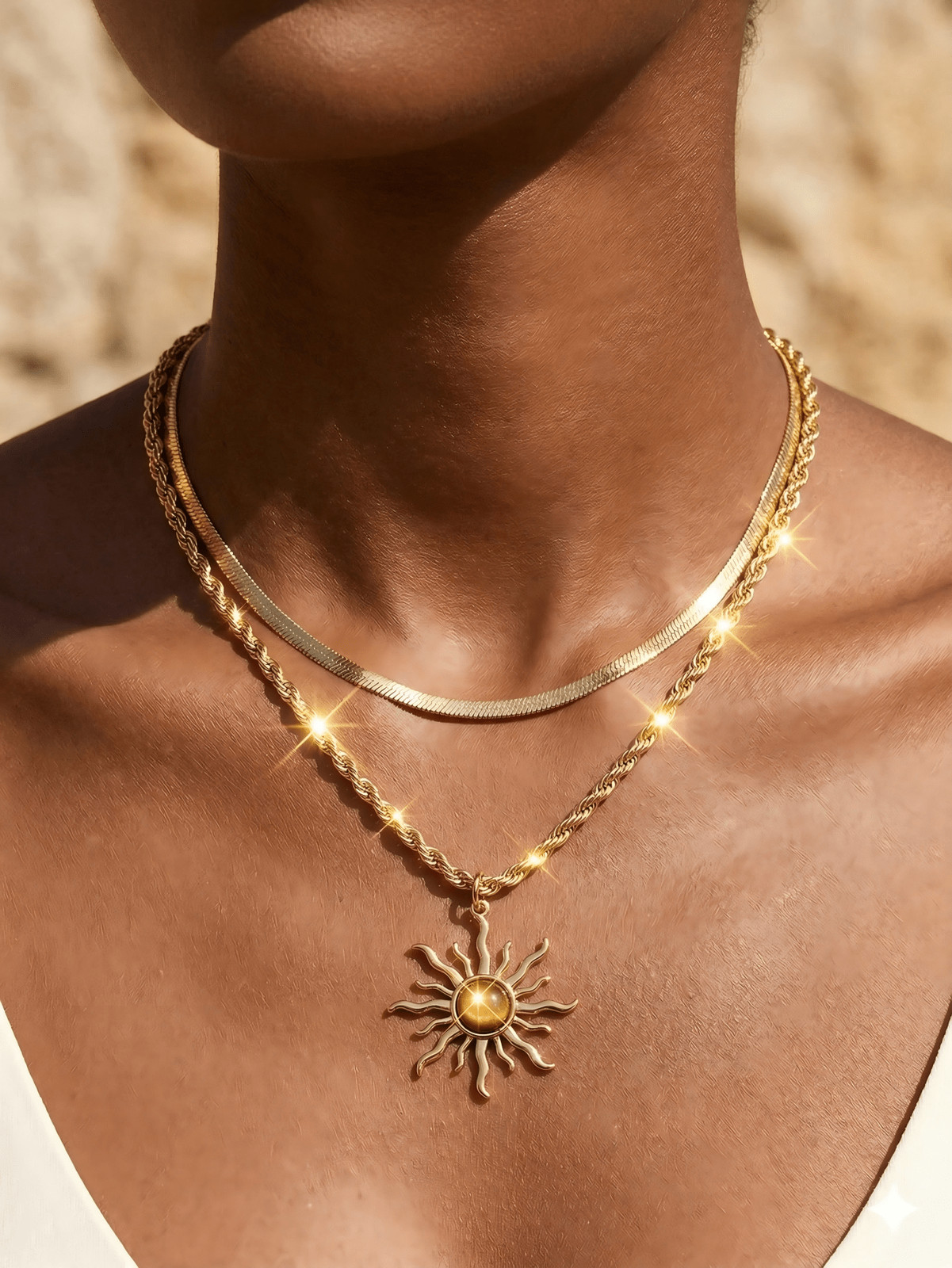 Minimalist Gold Sun Pendant Necklace Double Layer Chain Herringbone Choker