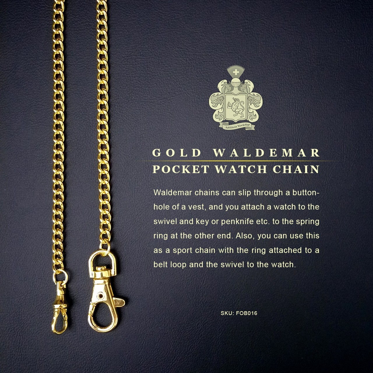 Waldemar Men’s Gold-Plated Pocket Watch Chain Lobster Clasp & Lobster Swivel FOB