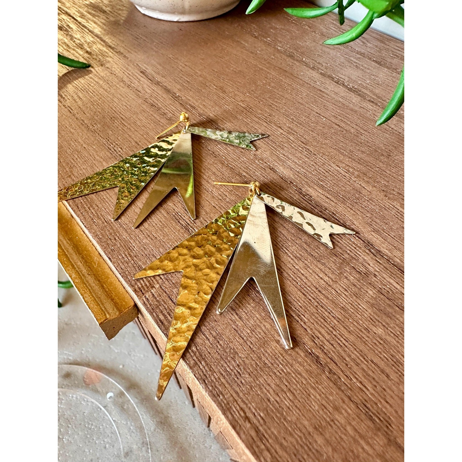 Vintage Two-Tone Hammered Geometric Earrings | Modernist Retro Dangle Jewelry