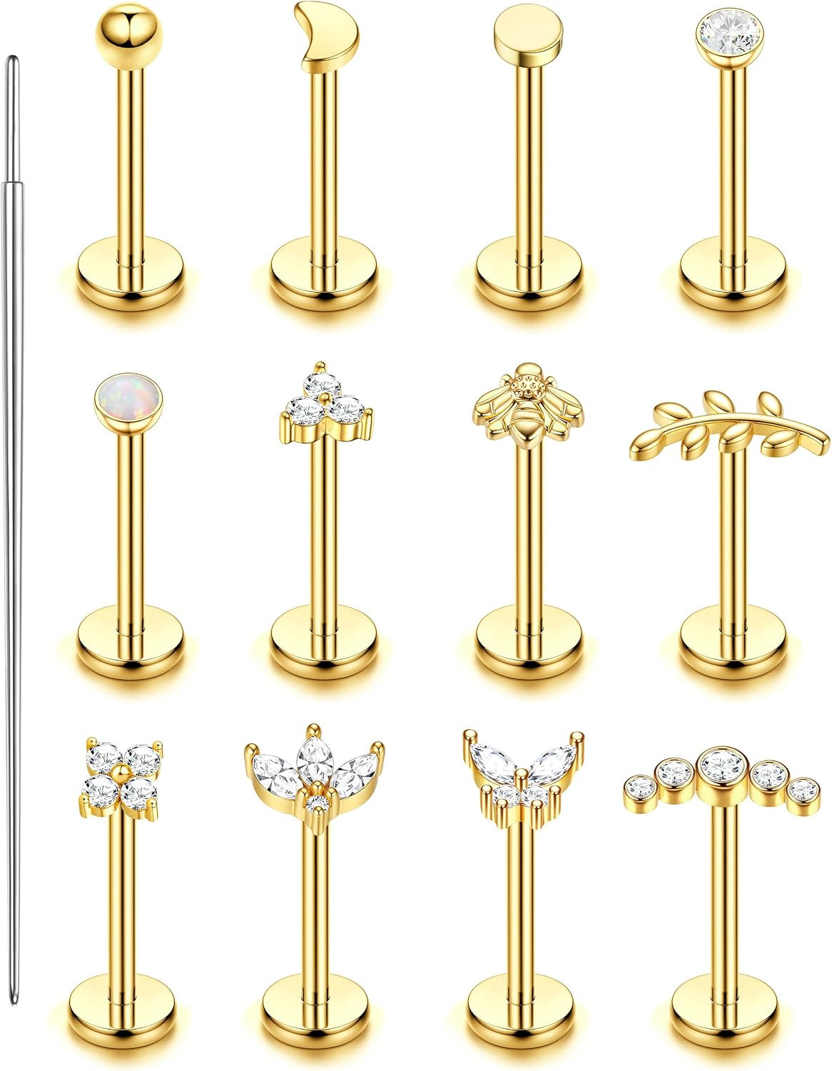 14K Gold Plated Threadless Flat Back Earrings for Women Men | 316L Surgical Stee
