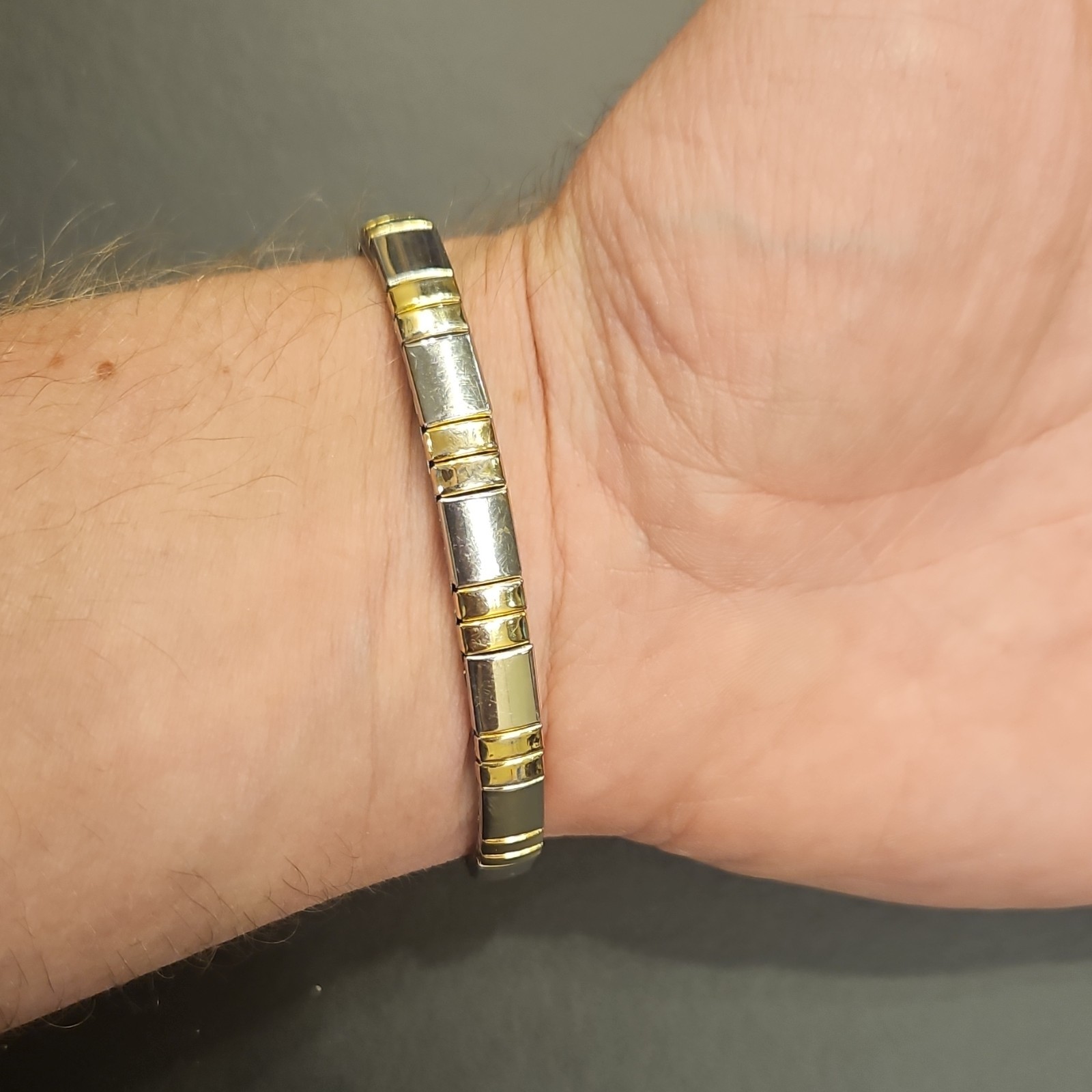 Two Tone Silver Gold Stretch Bangle Bracelet, Stainless Steel, No Stone