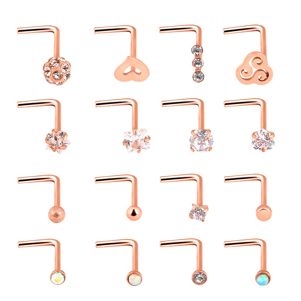 16Pcs Curved Nose Stud Surgical Steel Nose Ring Crystal L Bend Stud Piercing 20G