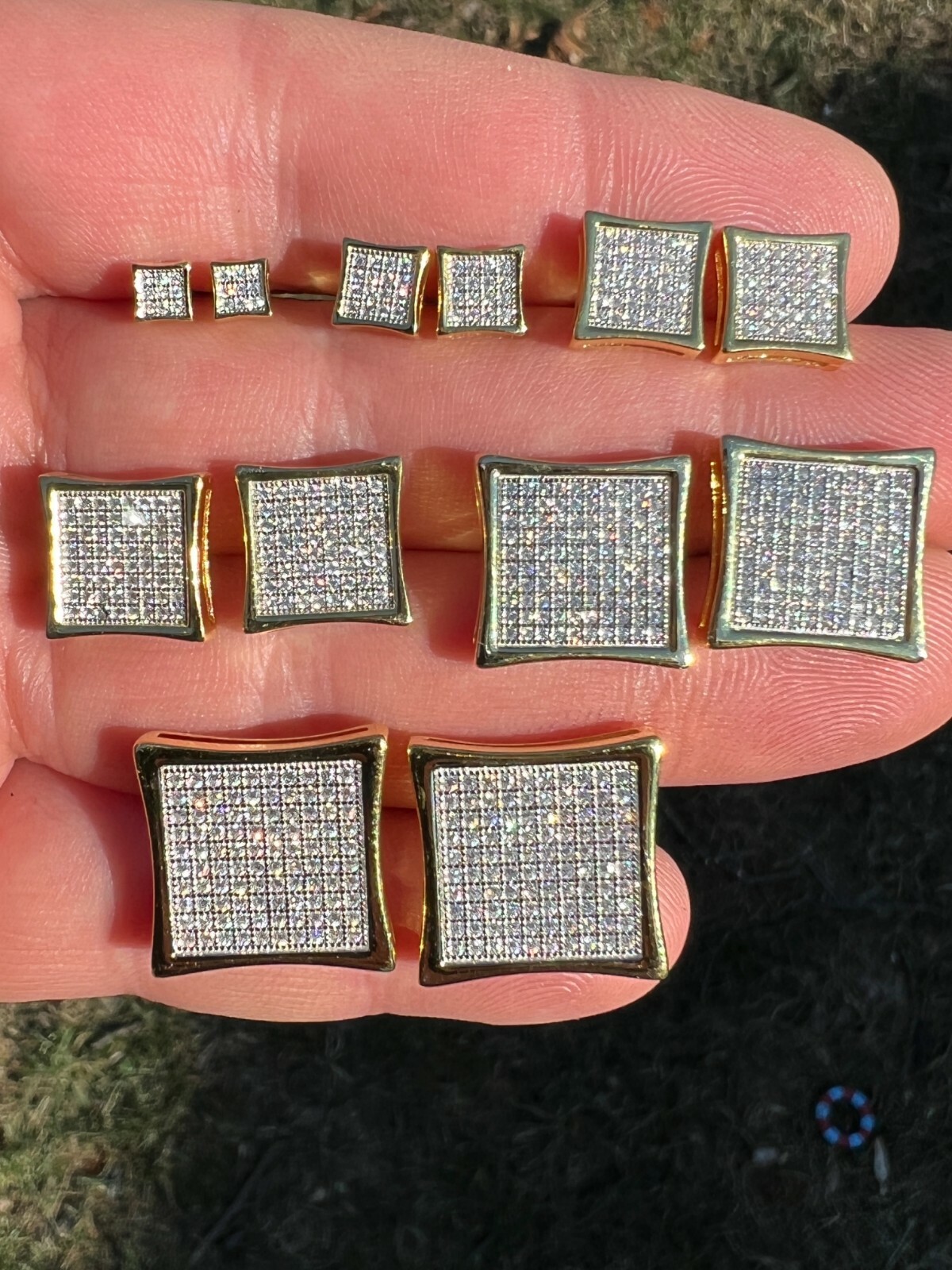 Square Kite Earrings Iced CZ Hip Hop Mens Ladies 4mm-18mm 14k Gold Plated