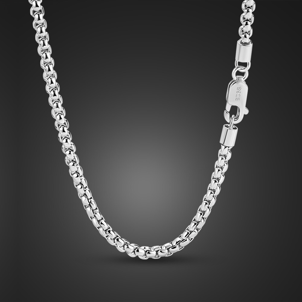 925 Solid Sterling Silver 3mm Round Box Chain Necklace 18″-28″ for Women & Men