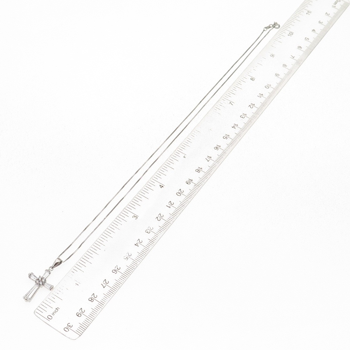 925 Sterling Round & Tapered Baguette-Cut C Z Cross Box Chain Necklace 18″