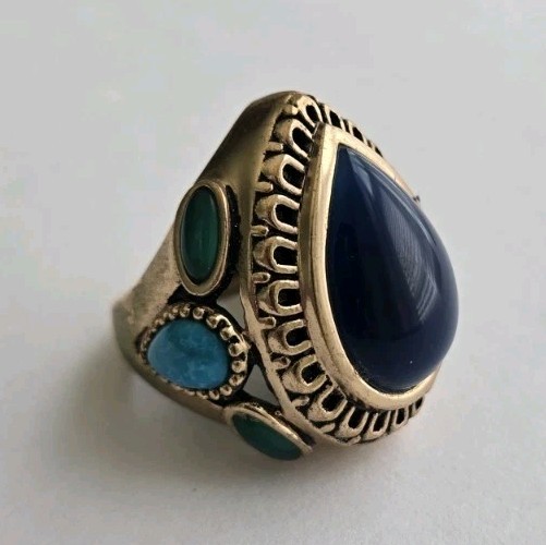 VTG Barse Thailand Bronze Ring Large Cocktail Statement Ring Cabochon Stone Blue