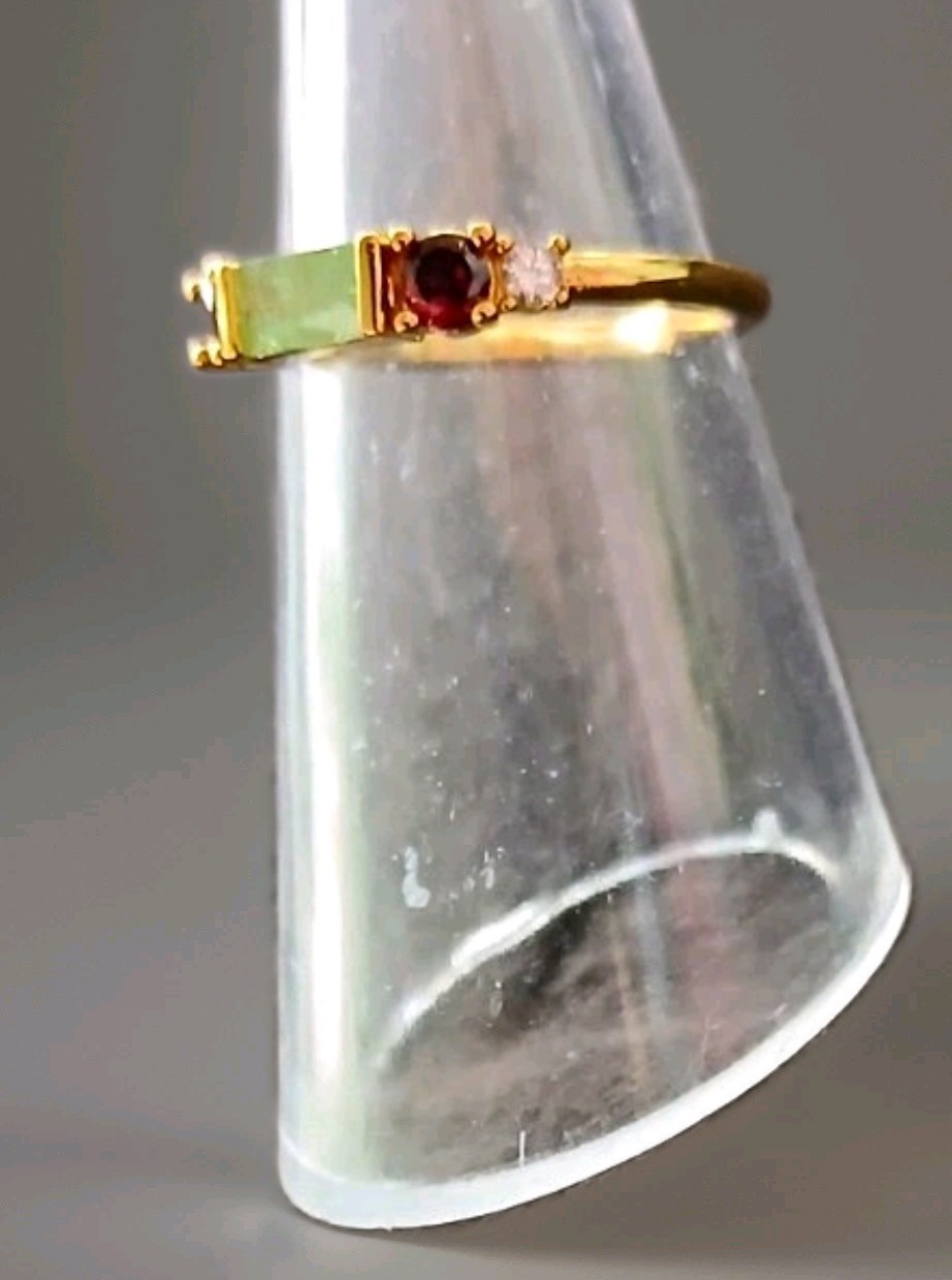 Gold Tone Ring Green Baguette Crystal & Red Crystal Prong Set With White Synthet