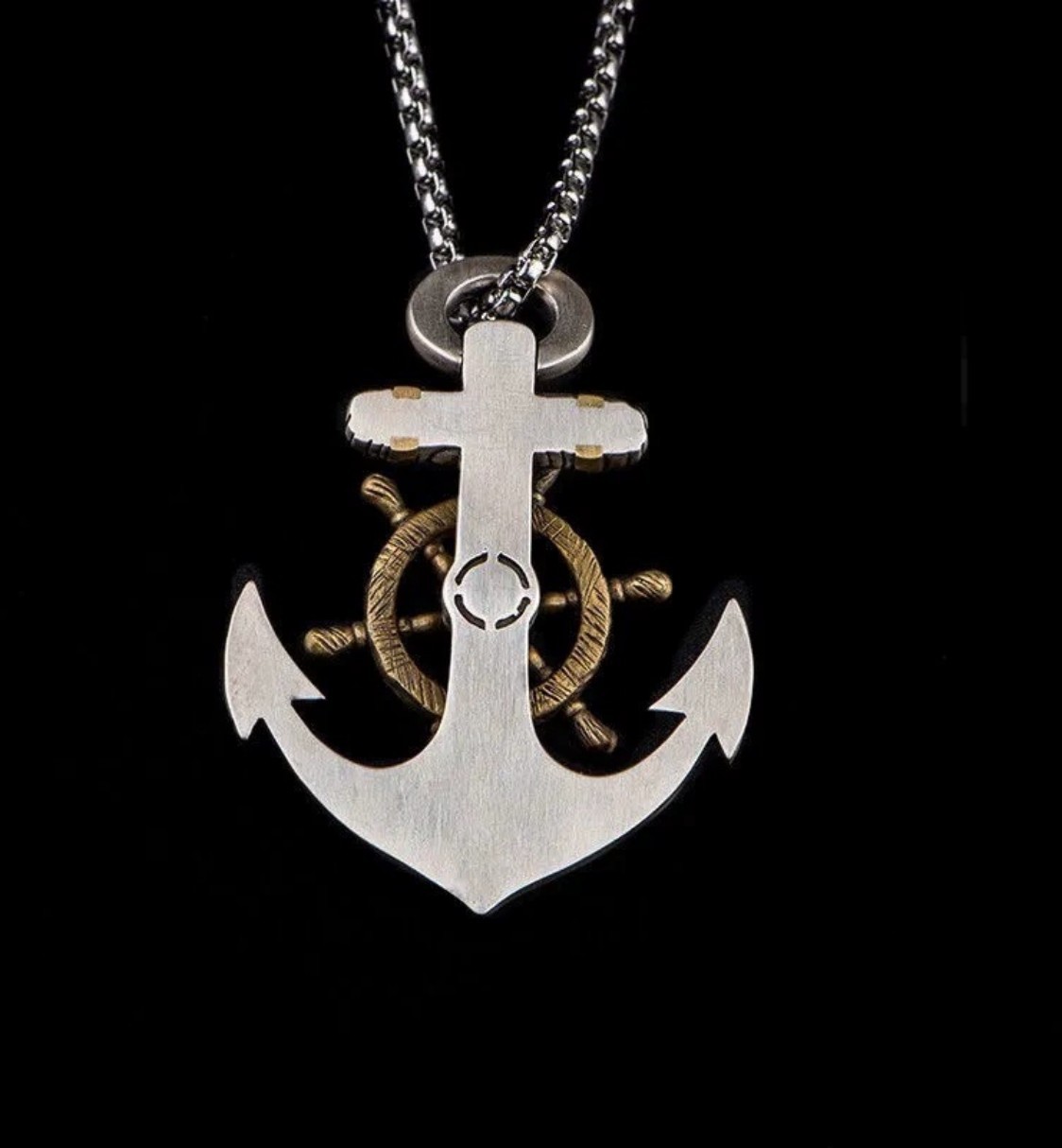 Vintage Men Silver Plated Two-tone Alloy Boat Anchor Pendant Box Chain Necklace