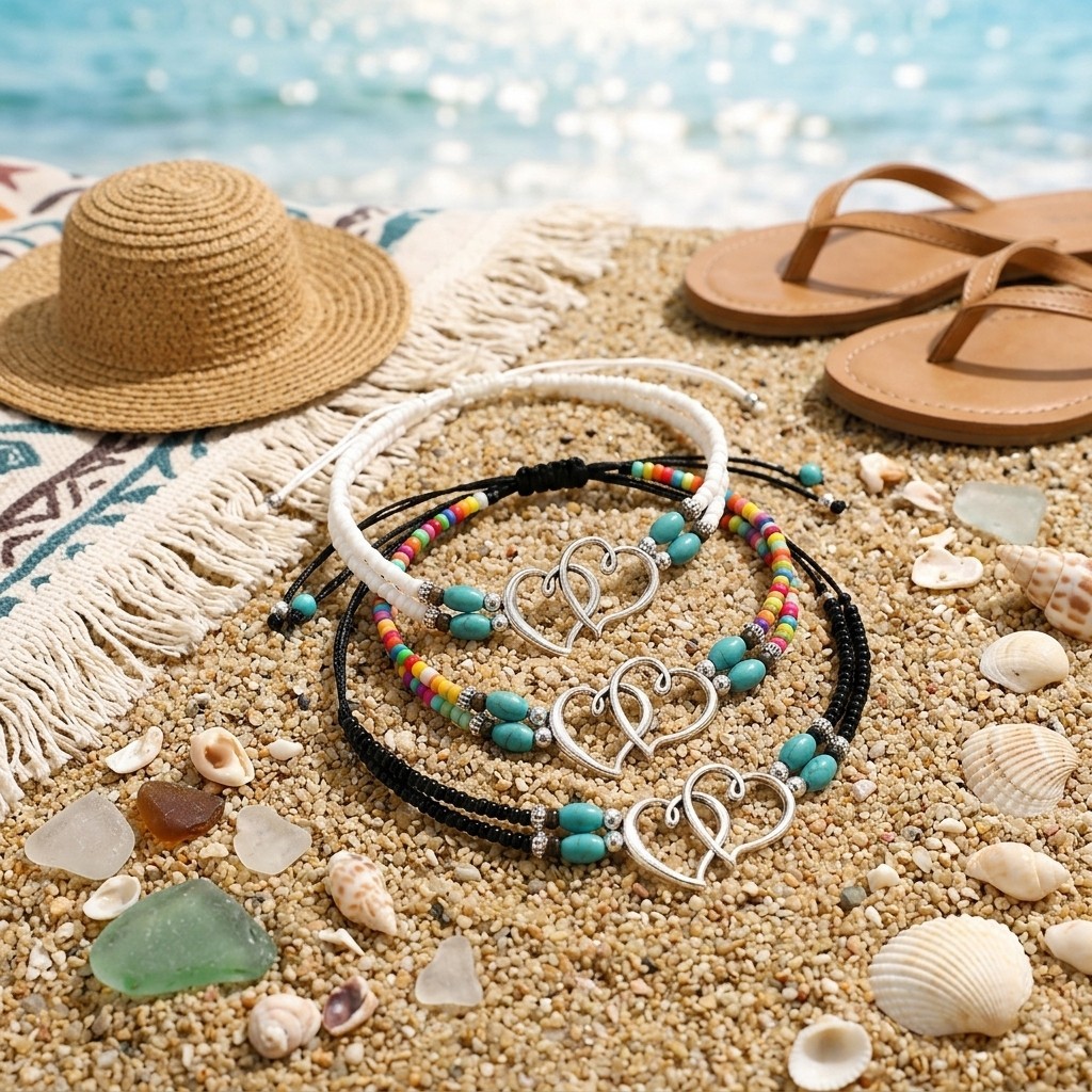 3Pcs Layered Bohemian Foot Bracelets Turquoise Heart Beaded Anklet Set