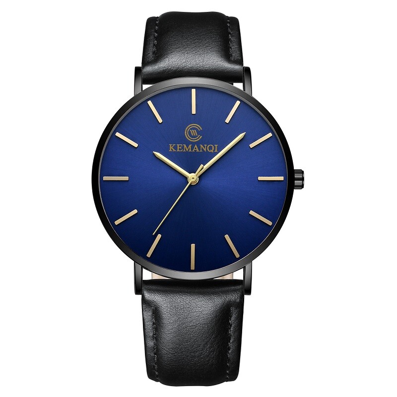 Men Trendy Ultra Thin Minimalist Watch Slim Leather Strap Stainless Steel Quartz