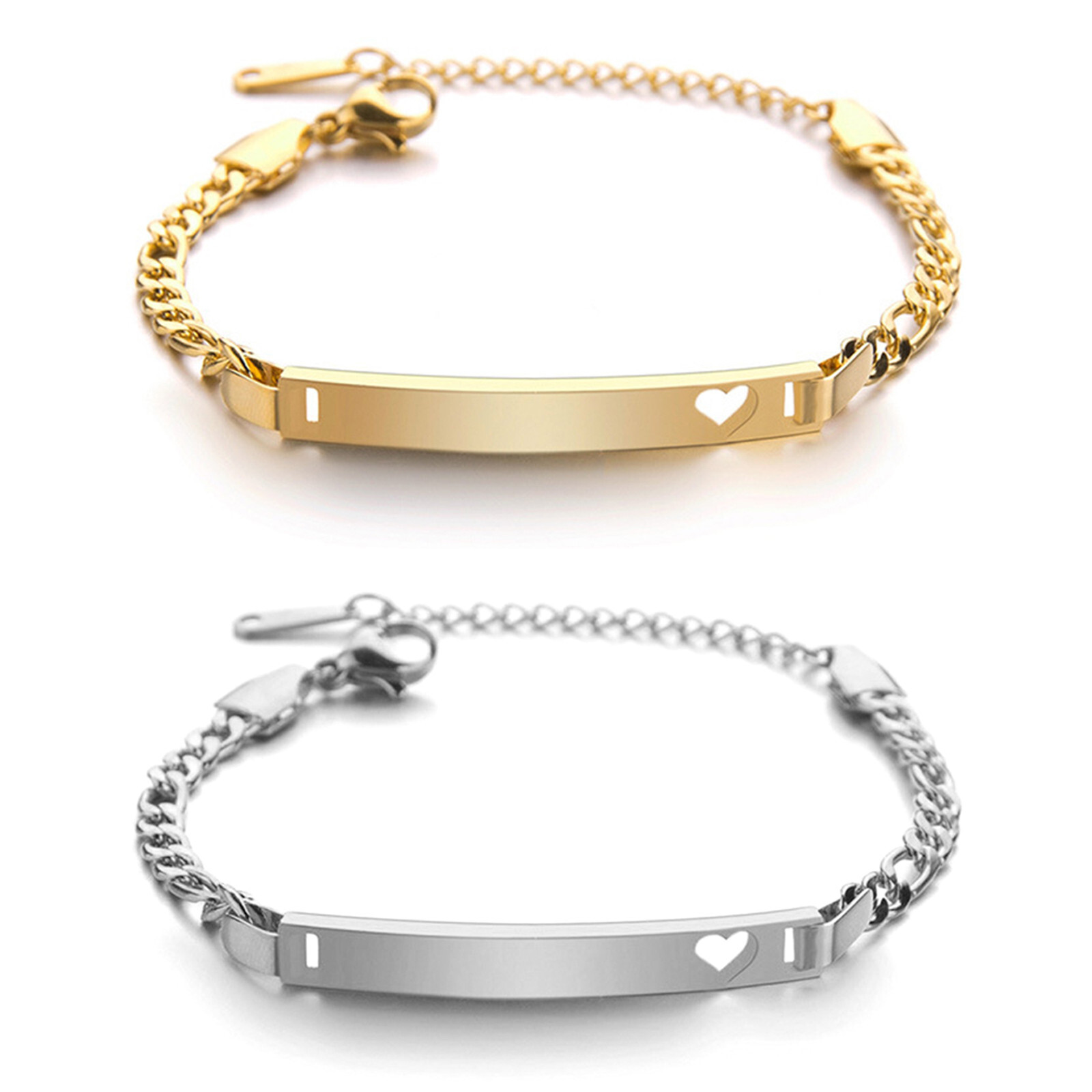 Personalized Love Heart Figaro Link Chain Bracelet Engraved Custom for Men Women