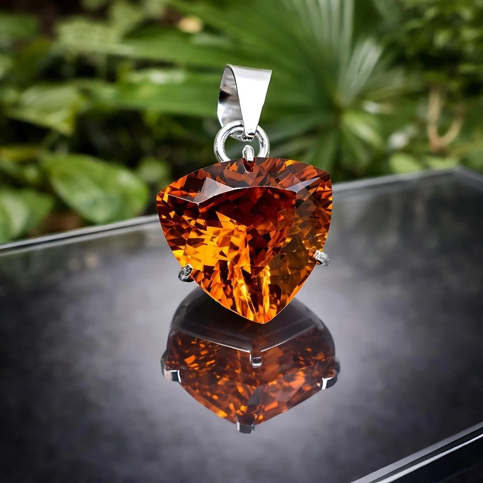 21 Ct Natural Orange Sapphire Trillion Cut Gemstone 925 Solid Silver Pendant