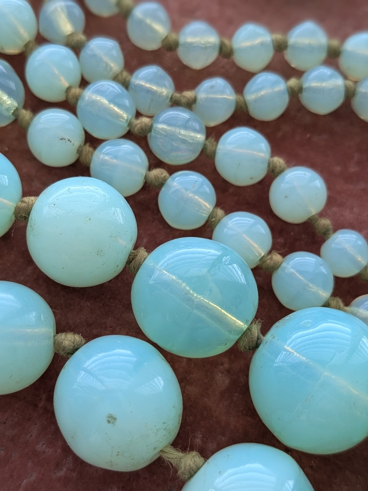 Antique Uranium Glass Long Bead Necklace-Bohemian Czech Glass-Glows by UV Light