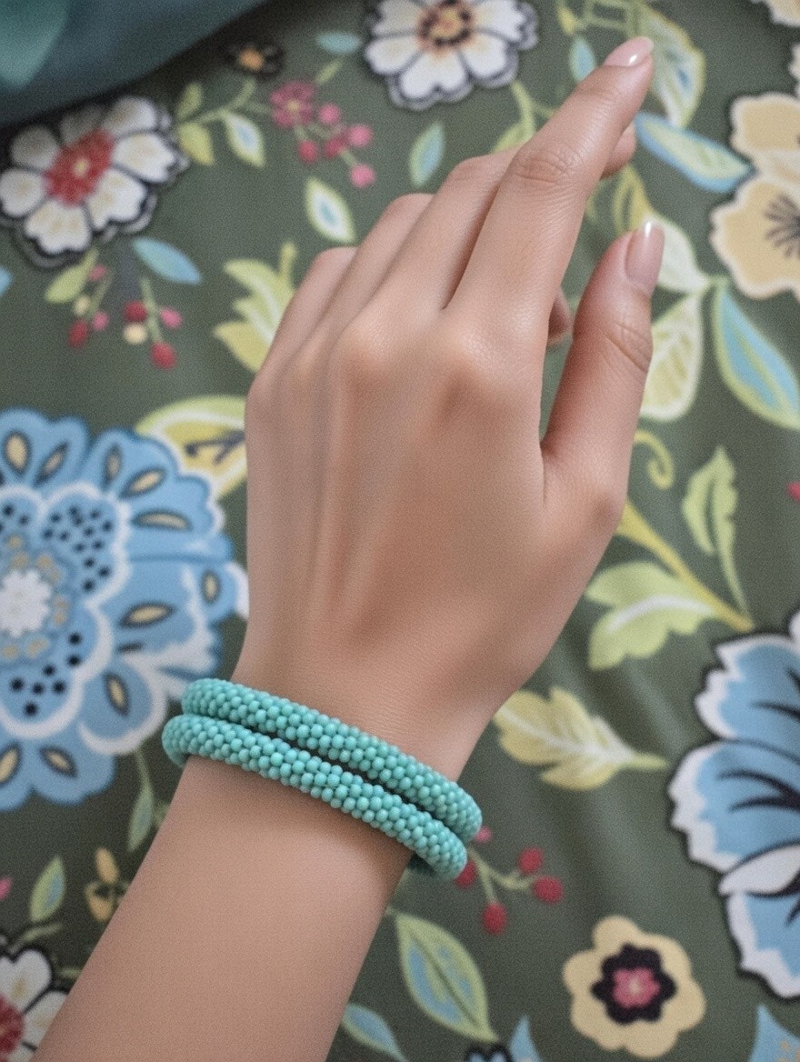 Set of 2 Handmade Glass Seed Bead Crochet Bracelets Solid Color Boho Nepal Bangl