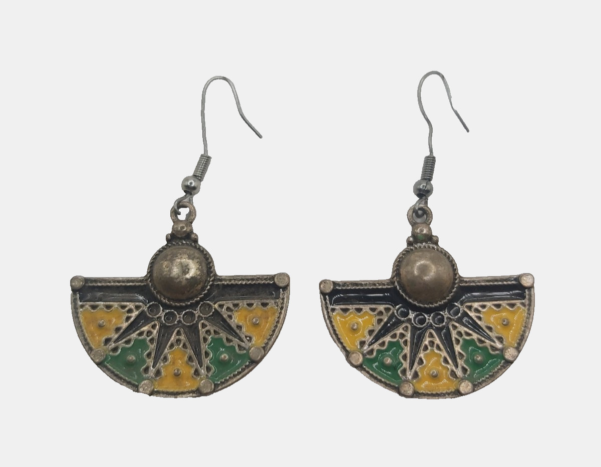 Vintage Moroccan Berber Enamel Fan Drop Earrings Tribal Silver Tone Yellow Green