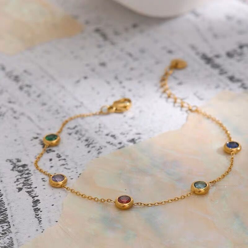 Woman 18K Gold Plated Stainless Steel Multicolor CZ Necklace Chain/Bracelet