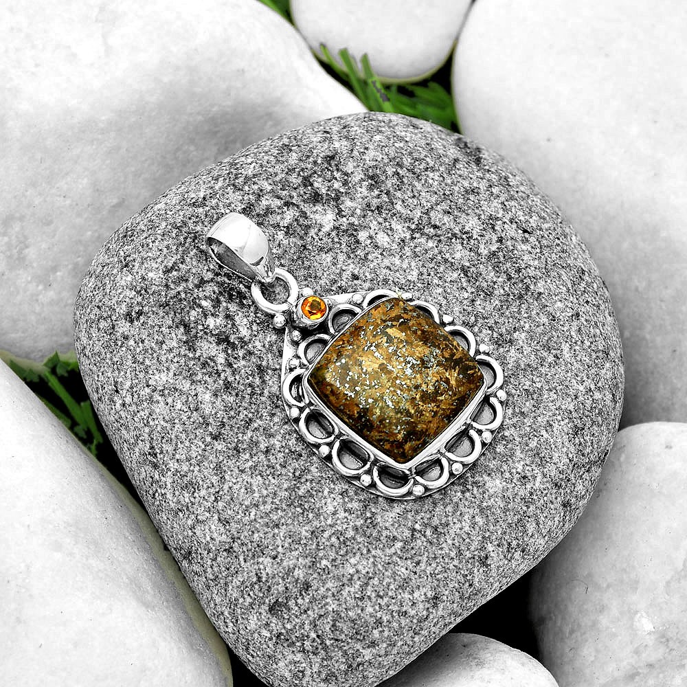 Natural Bronzite & Citrine 925 Sterling Silver Pendant Jewelry P-1080