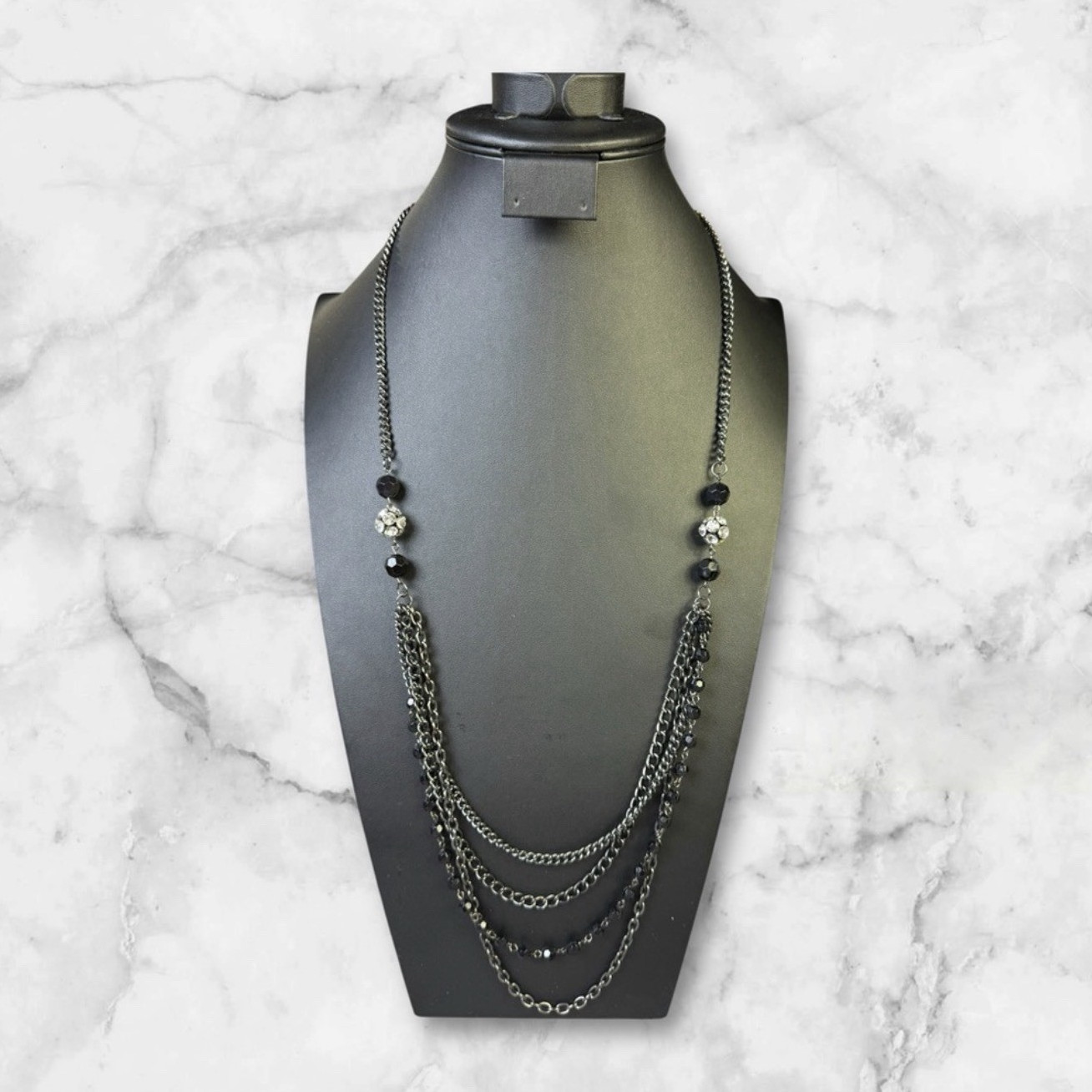 Black Layered Cable Chain Necklace Clear Round Crystal Beads, Adjustable
