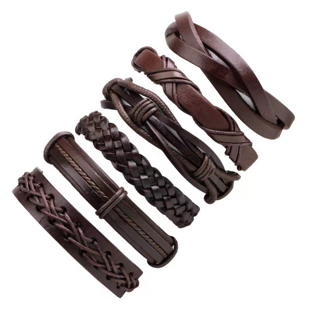 6PCS Braided Leather Brown Bracelet For Cuff Wrap Wristband Men Women Gift