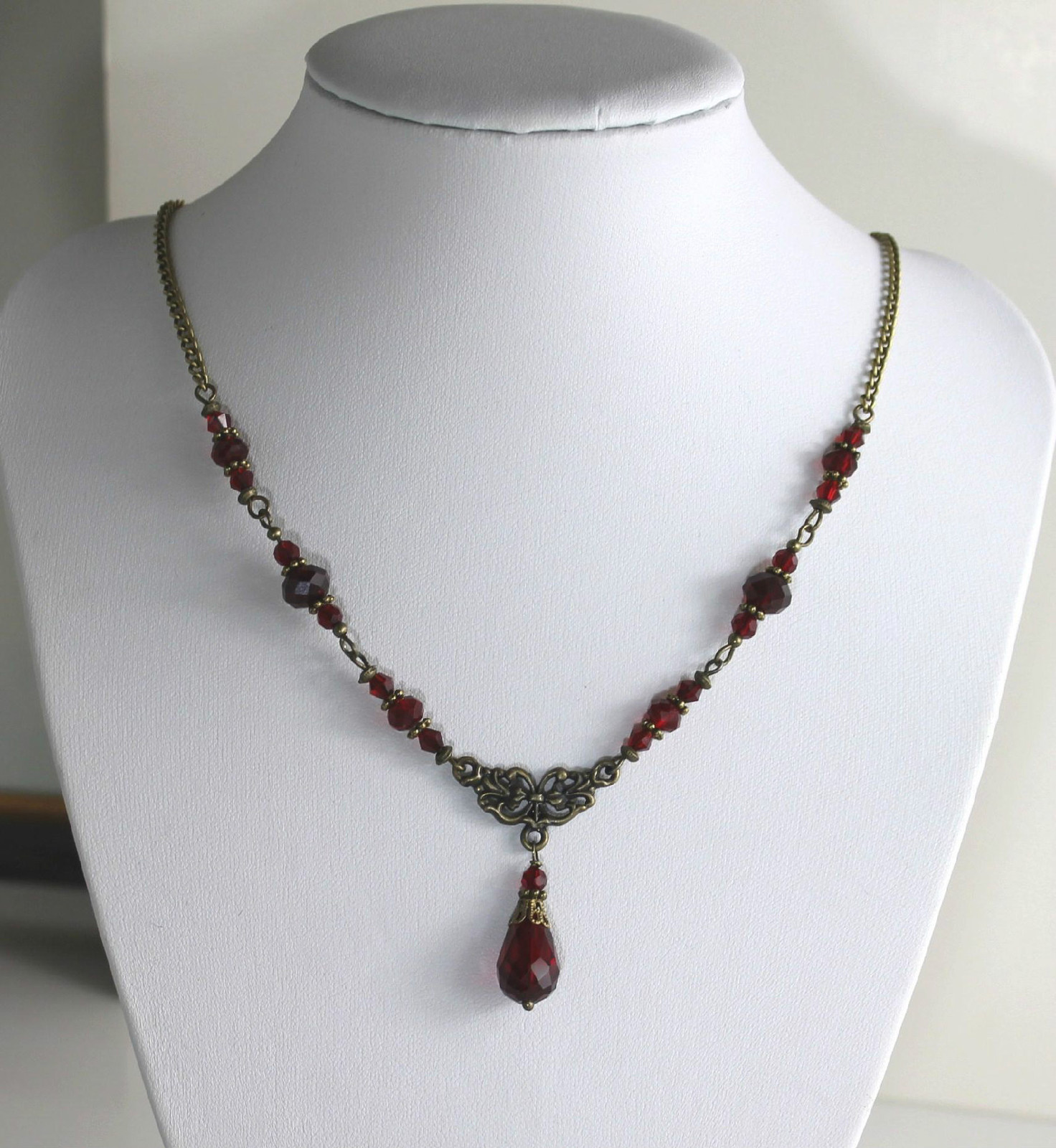 Garnet Dark Siam Blood Red Crystal Vintage Victorian Necklace Earring Set Steamp