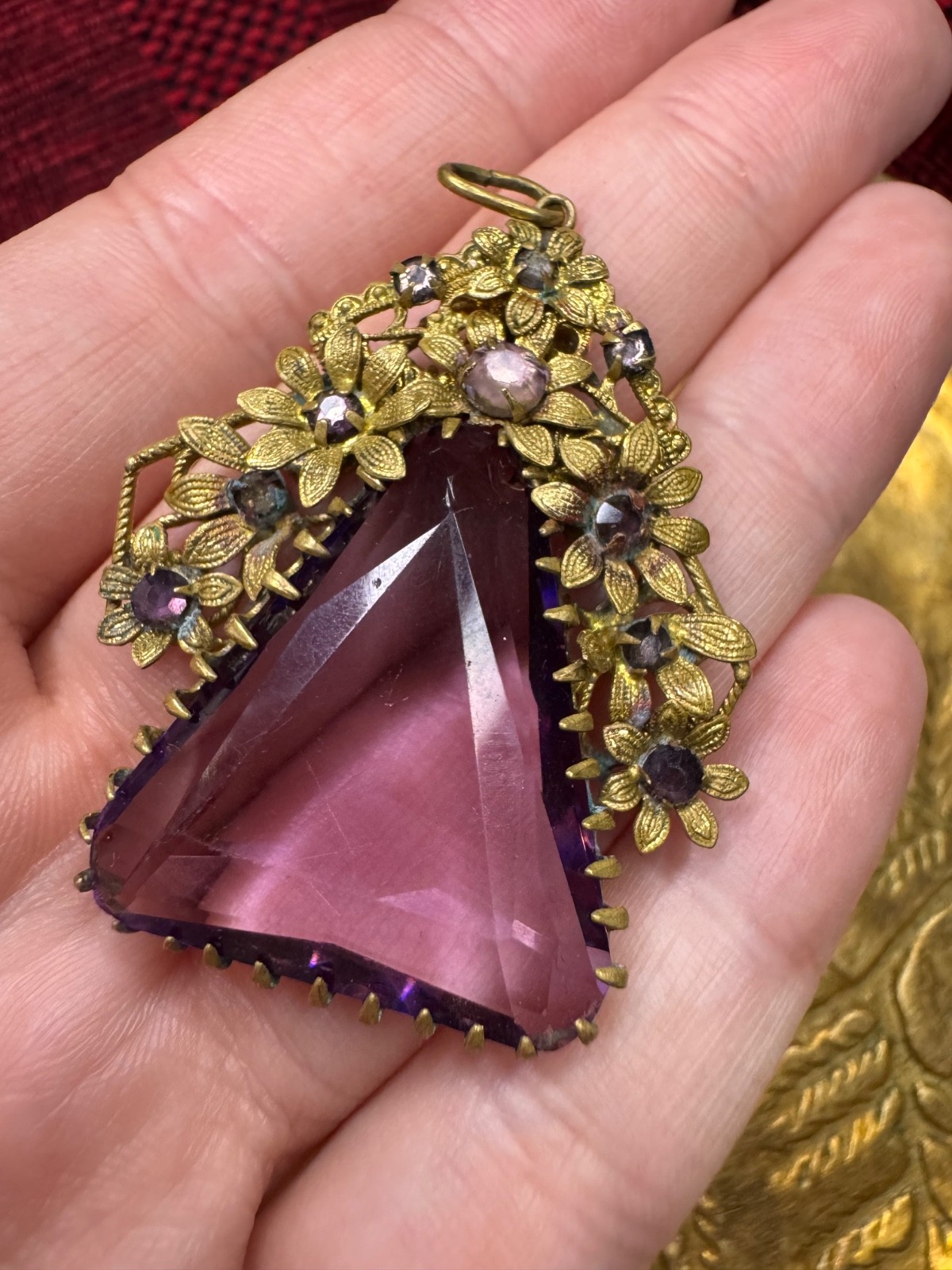 RARE Vintage Czech Amethyst Glass Filigree Flower Triangle Pendant Art Deco 50s