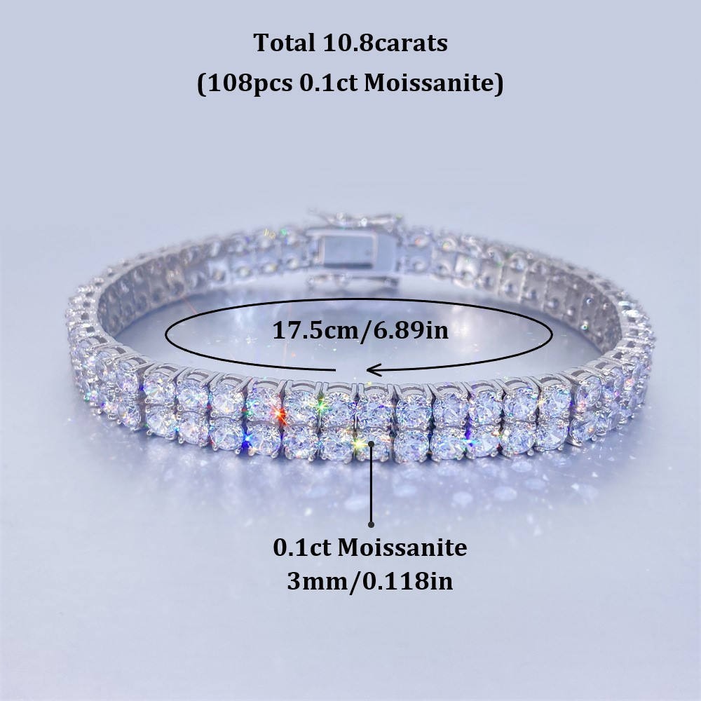 10.8Carats 2 ROWS Moissanite Tennis Chain 925 Sterling Silver 3Mm 0.1Ct D Color