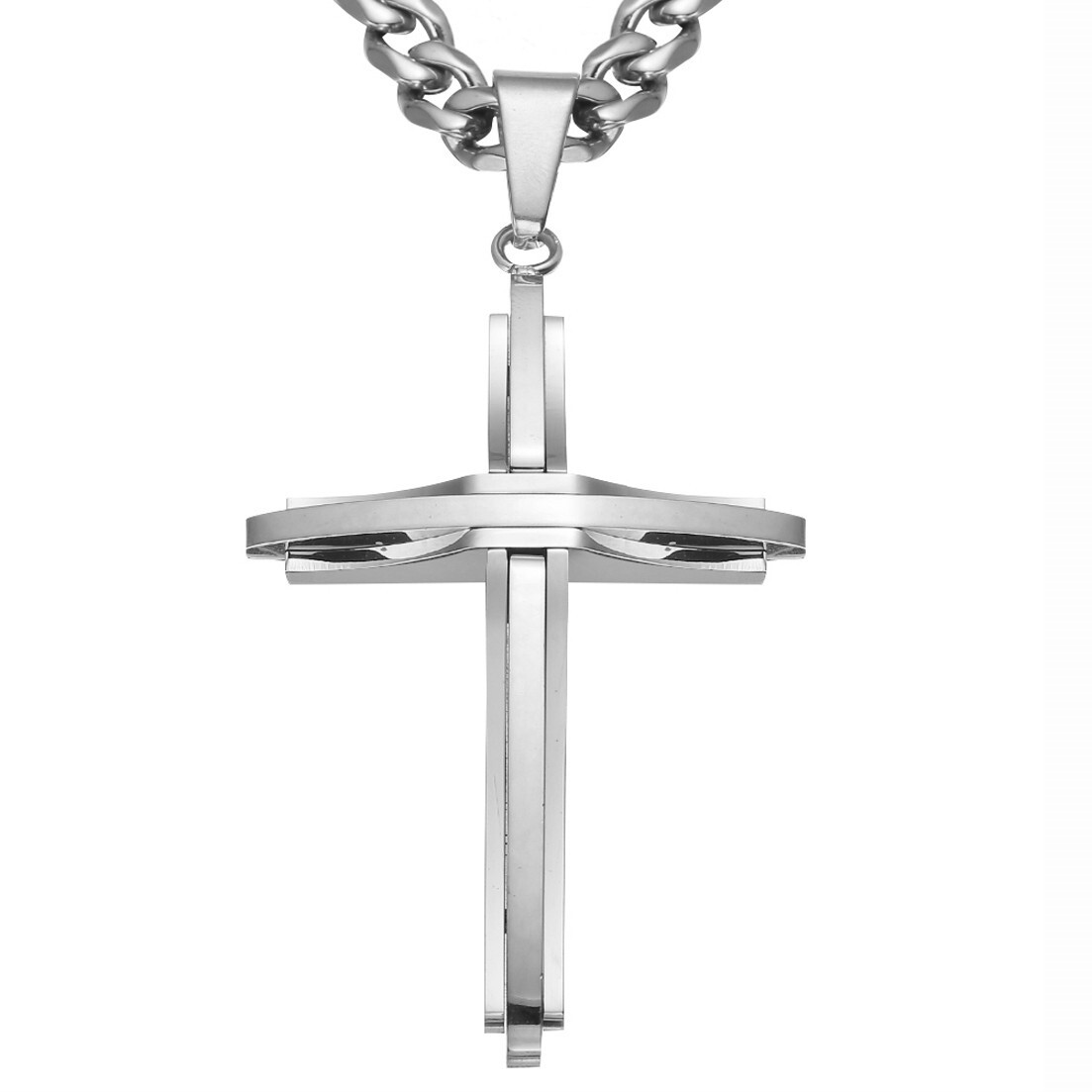 High Polished Stainless Steel Cross Pendant Necklace Cuban Link Chain 4Colors